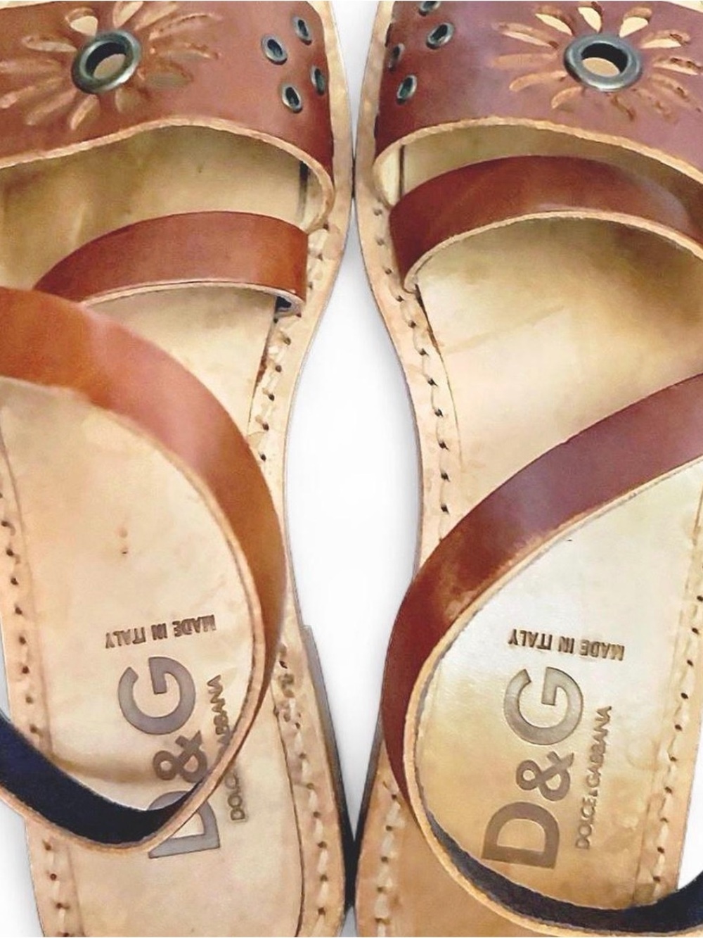 Dolce & Gabbana Brown Leather Floral Eyelet Slide Sandals